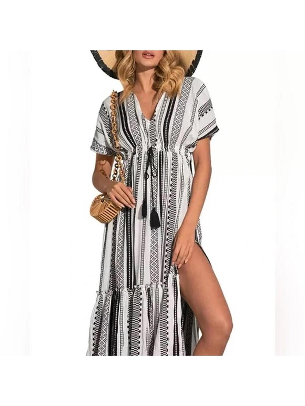 Elan Boho Aztec Short Sleeve V-Neck Woven Cotton Maxi Dress‎ Black White Large